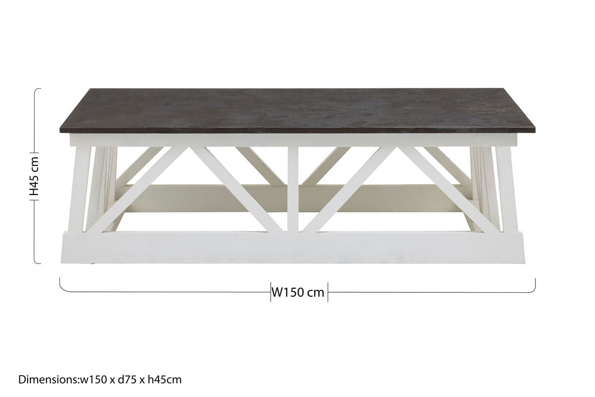 Black Stone Top Coffee Table with White Alder Wood Carved Base, Monas