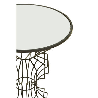 Mirrored Glass Top Side Table with Black Finish Concertina Wireframe Metal Base, Yaxi