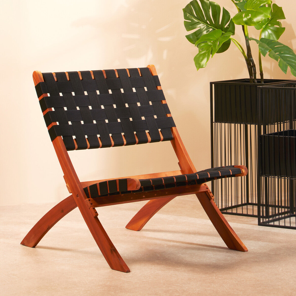 Emilio Black Woven Chair with Acacia Wood Frame