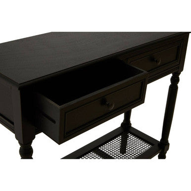 Antique Black Wash Wooden 2-Drawer Console Table with Lower Cane Detail Display Shelf | Heritage