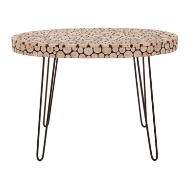 Natural Fir Wood Disc Mosaic Oval Coffee Table with Black Metal Hairpin Legs | Lacuna