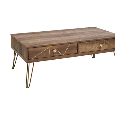 Brown Wood Top 2-Drawer Coffee Table with Hairpin Legs, Flori