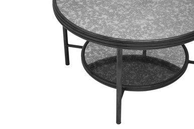Two Tier Antique Mirror Round Coffee Table with Black and Silver Frame, Xania