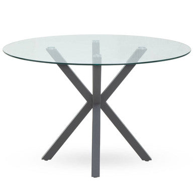 Clear Glass Top Round Dining Table with Grey Metal Legs, Salford