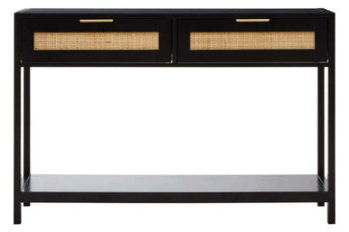 Black Wooden 2-Drawer Console Table with Natural Rattan Panels and Lower Shelf | Sherman