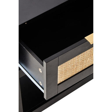Black Wooden Bedside Table with Natural Rattan 1 Drawer, Sherman