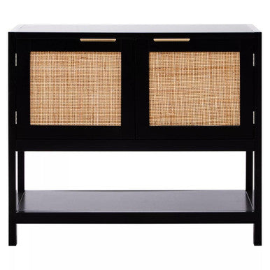 Sherman Black Finish and Natural Rattan 2 Door Side Cabinet