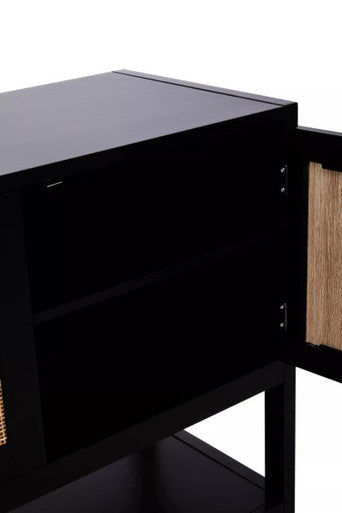 Sherman Black Finish and Natural Rattan 2 Door Side Cabinet