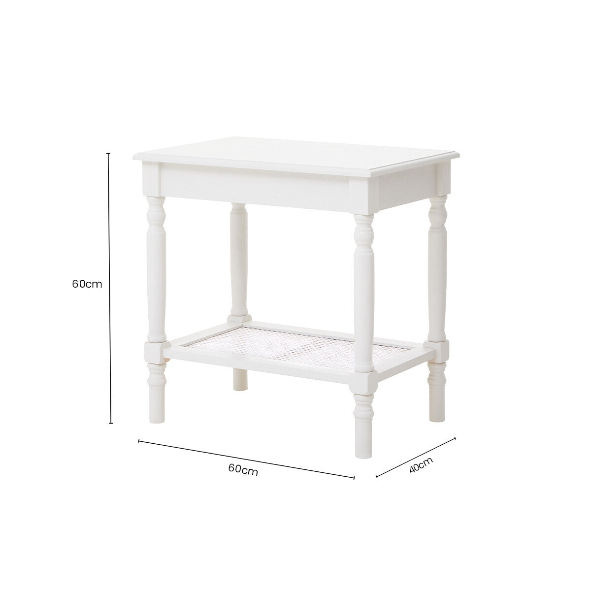 Heritage White Wooden Side Table with Rattan Shelf