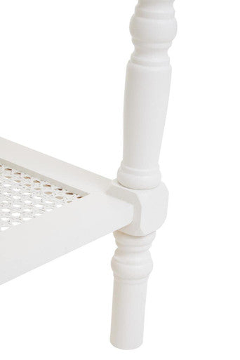 White Wooden Coffee Table with Cane Webbed Lower Shelf and Carved Spindle Legs, Heritage