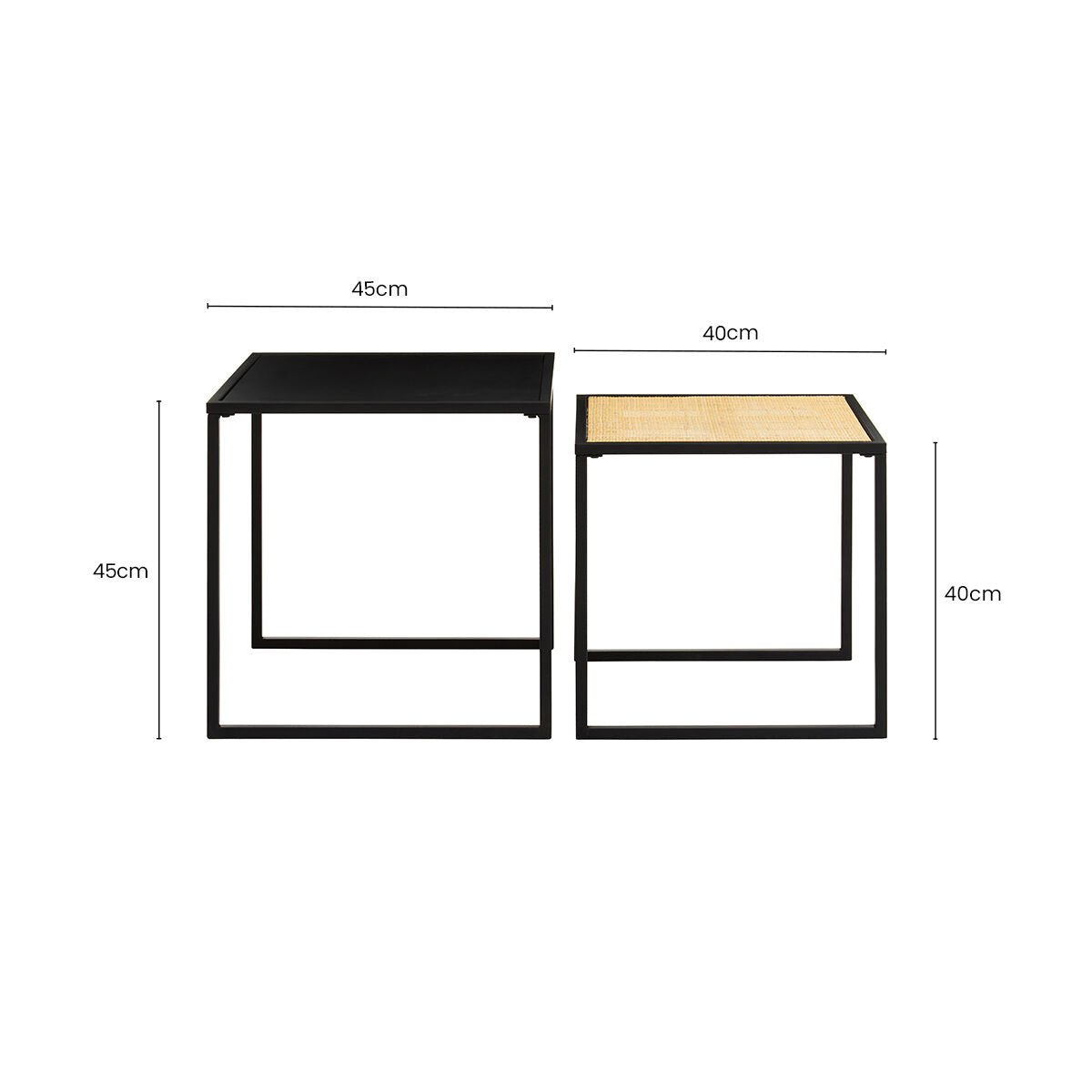 Depok Natural Rattan and Black Finish Metal Set of 2 Nesting Tables