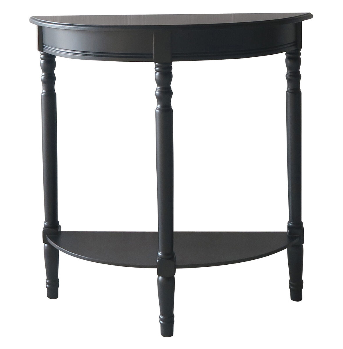 Black Pine Wood Half Moon Console Table with Carved Spindle Legs and 1 Lower Storage Shelf, Heritage