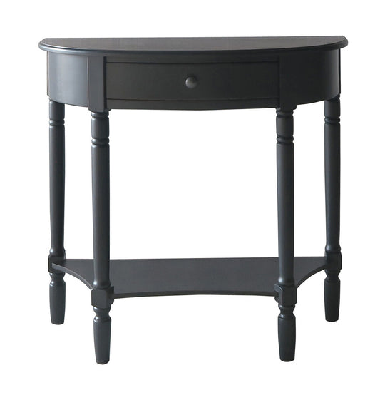 Black Half Moon Pine Wood Console Table with 1 Drawer and 1 Lower Open Storage Shelf, Heritage
