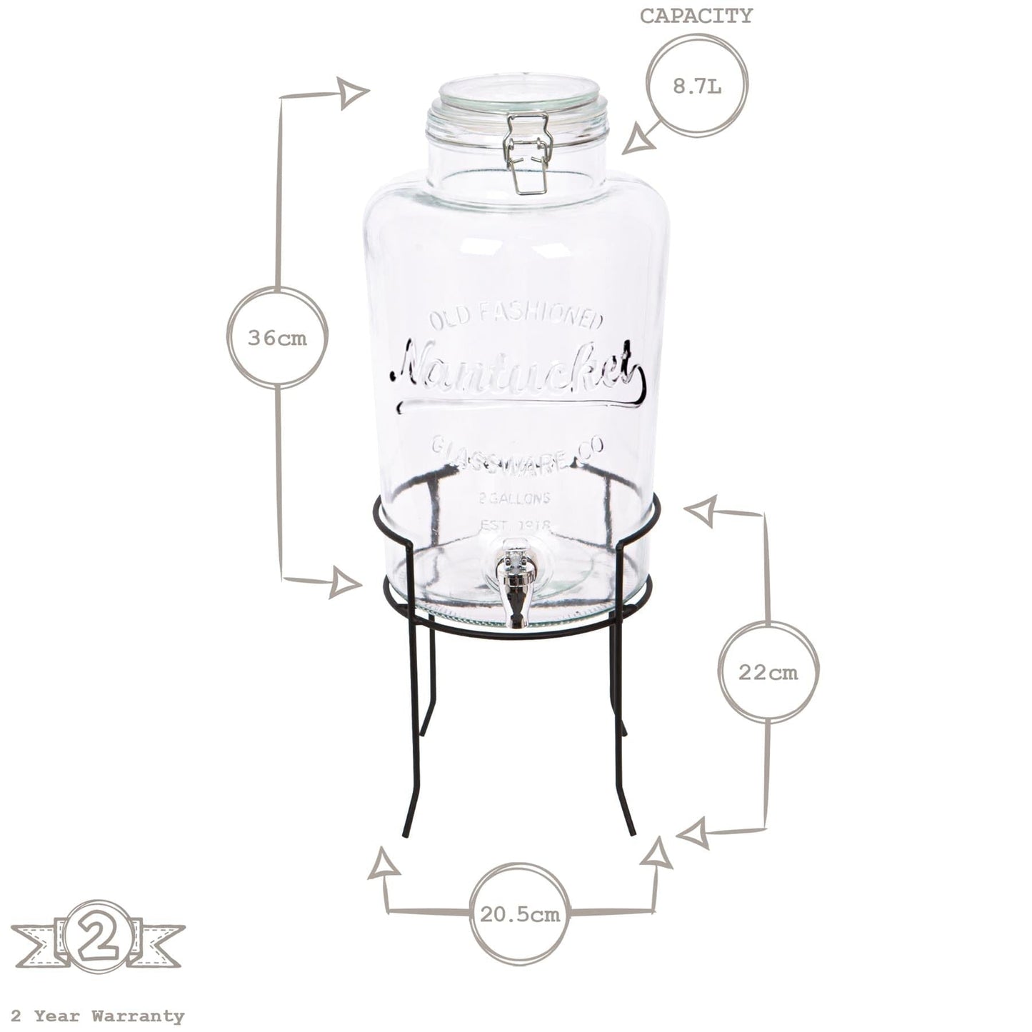 8.7L Glass Drinks Dispenser with Tap & Black Stand