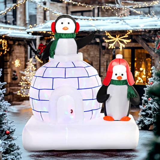 5ft Christmas Inflatable Penguins Wearing a Scarf with Ice House In & outdoors