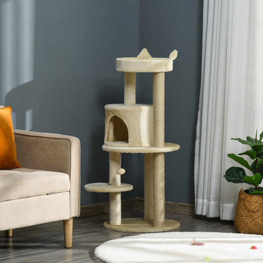 3-Tier Deluxe Cat Activity Tree Scratching Posts Kitten Beige Pawhut