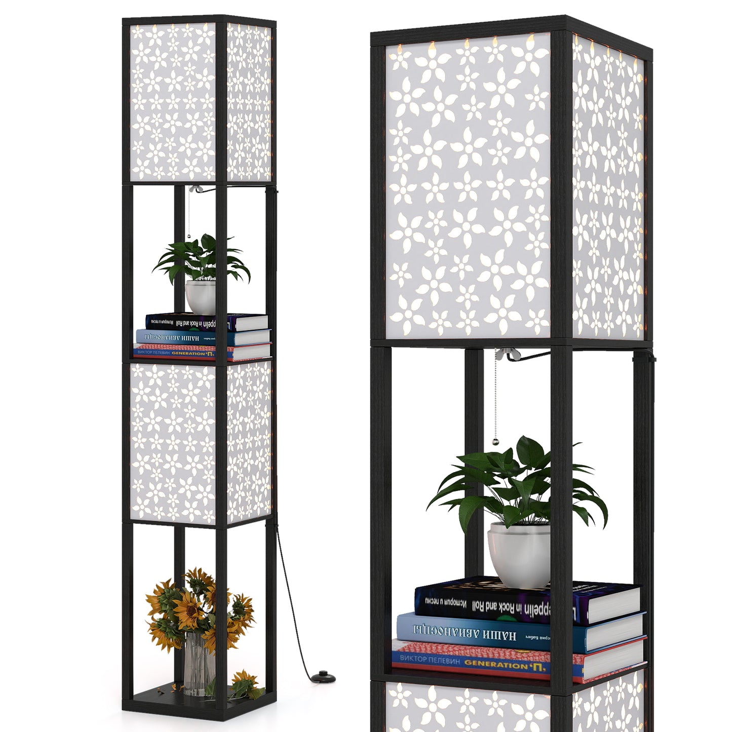 2-Light Floor Lamp with Shelves Wooden Shelf Lamp with 2 Cut-out Patterned Lampshades-Size 1