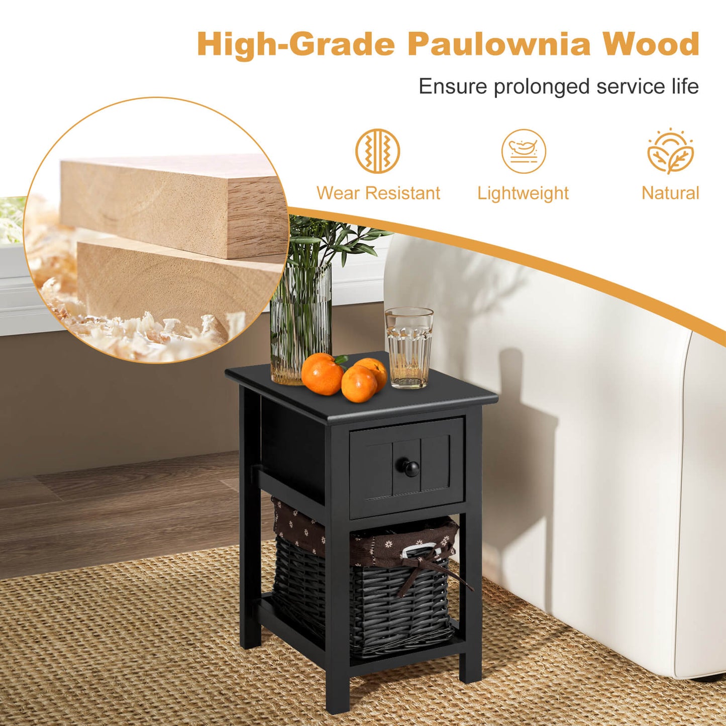 2 Tiers Wood Nightstand with 1 Drawer and 1 Baskets for Home-White
