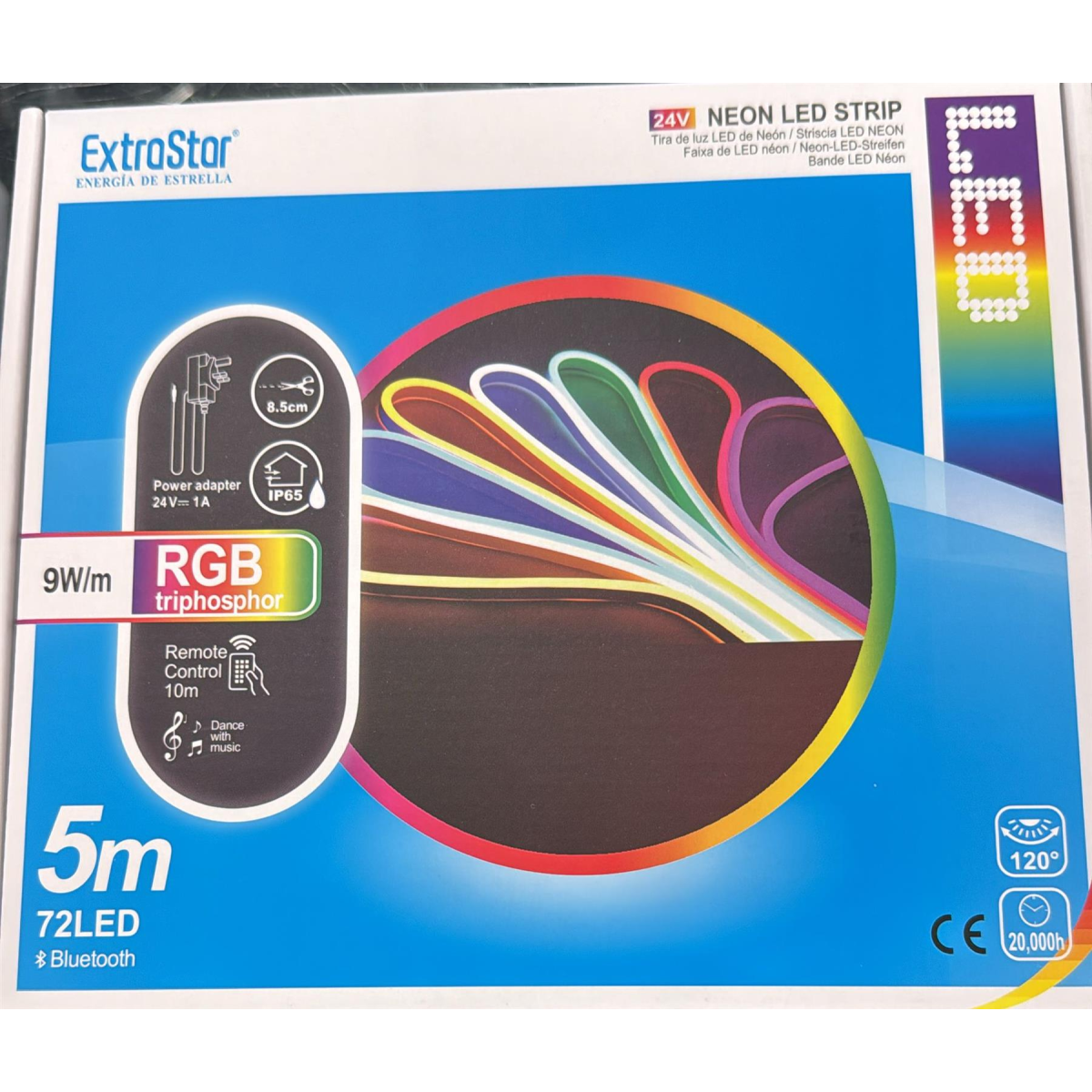 ExtraStar Neon LED Strip 5M Cable with Power Adapter andRemote Control, 9W/M, RGB