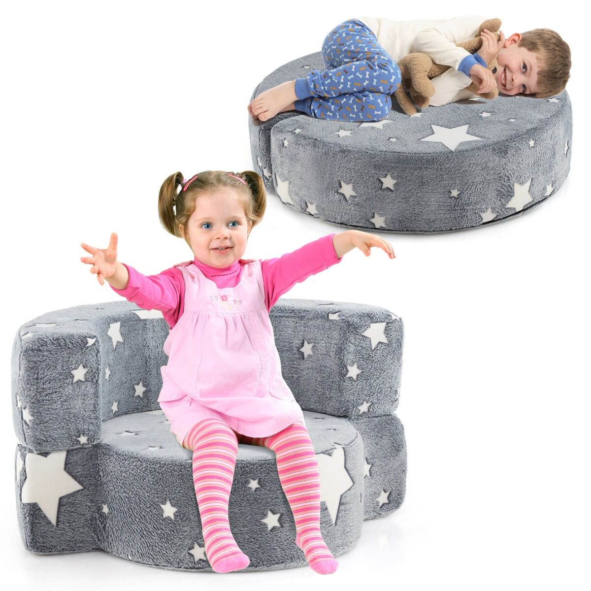 2 in 1 Glow in the Dark Sofa for Toddlers with Machine Washable Flannel Cover-Grey