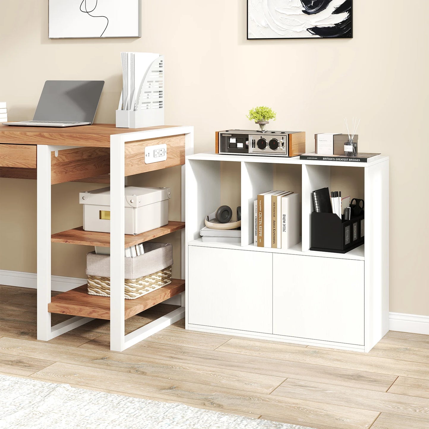3-Cube Bookcase 3-Tier Bookshelf with Cabinet Modern Book Shelf for Small Space-Rustic Brown