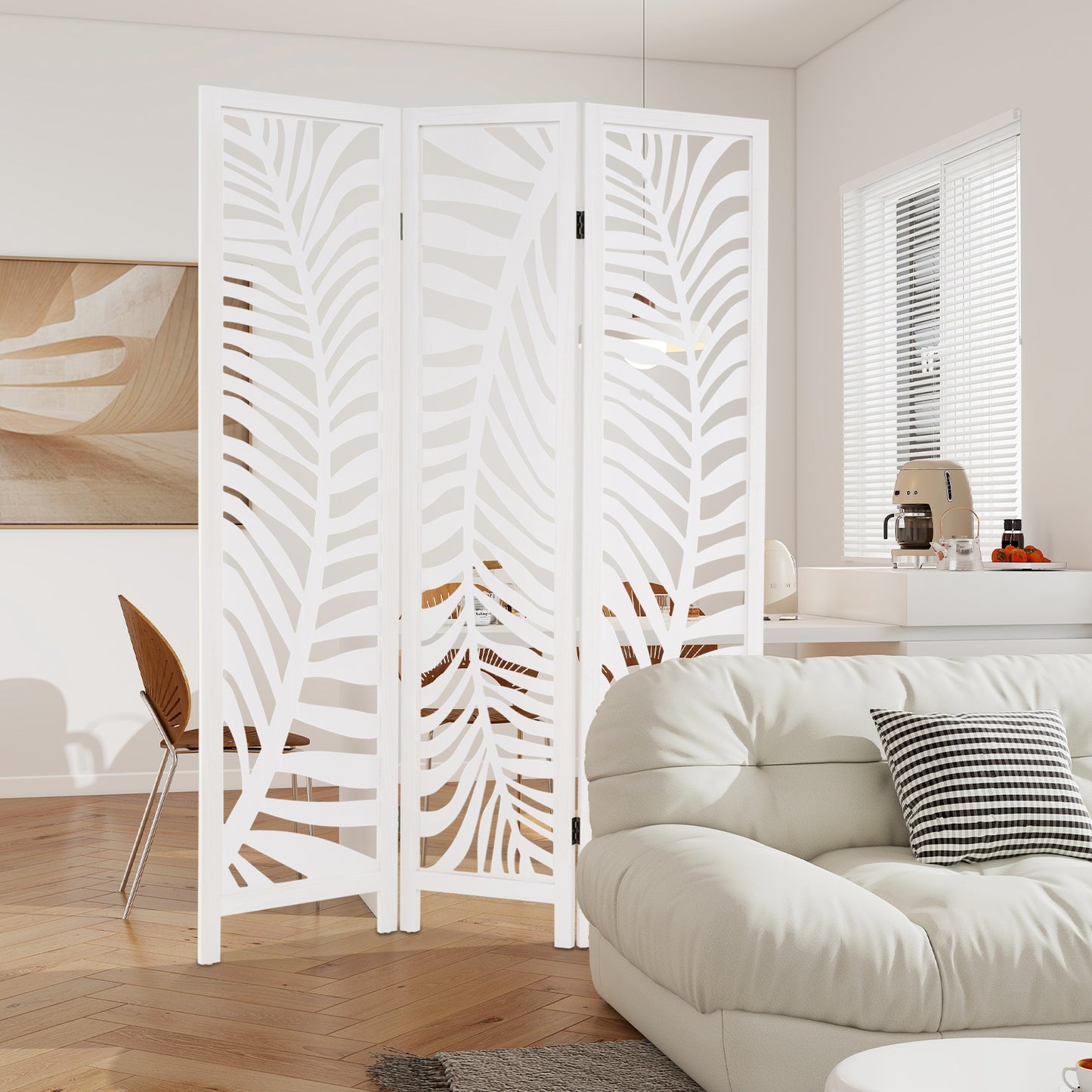 3-Panel Room Divider 170 cm Freestanding Privacy Screen with Natural Paulownia Wood Frame-White