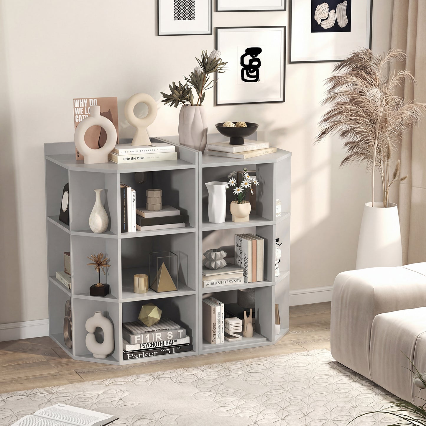 3-Tier Corner Cabinet with Charging Station and 9 Cubbies-Grey
