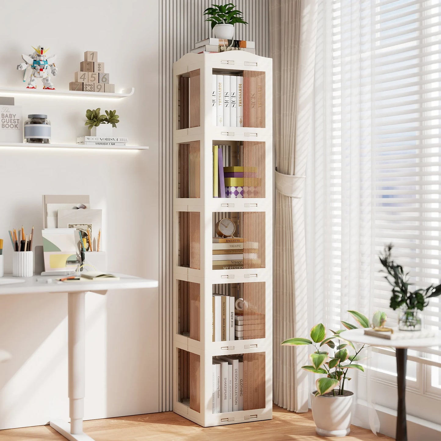 3-Tier Foldable 360° Rotating Bookshelf with Swivel Base-White