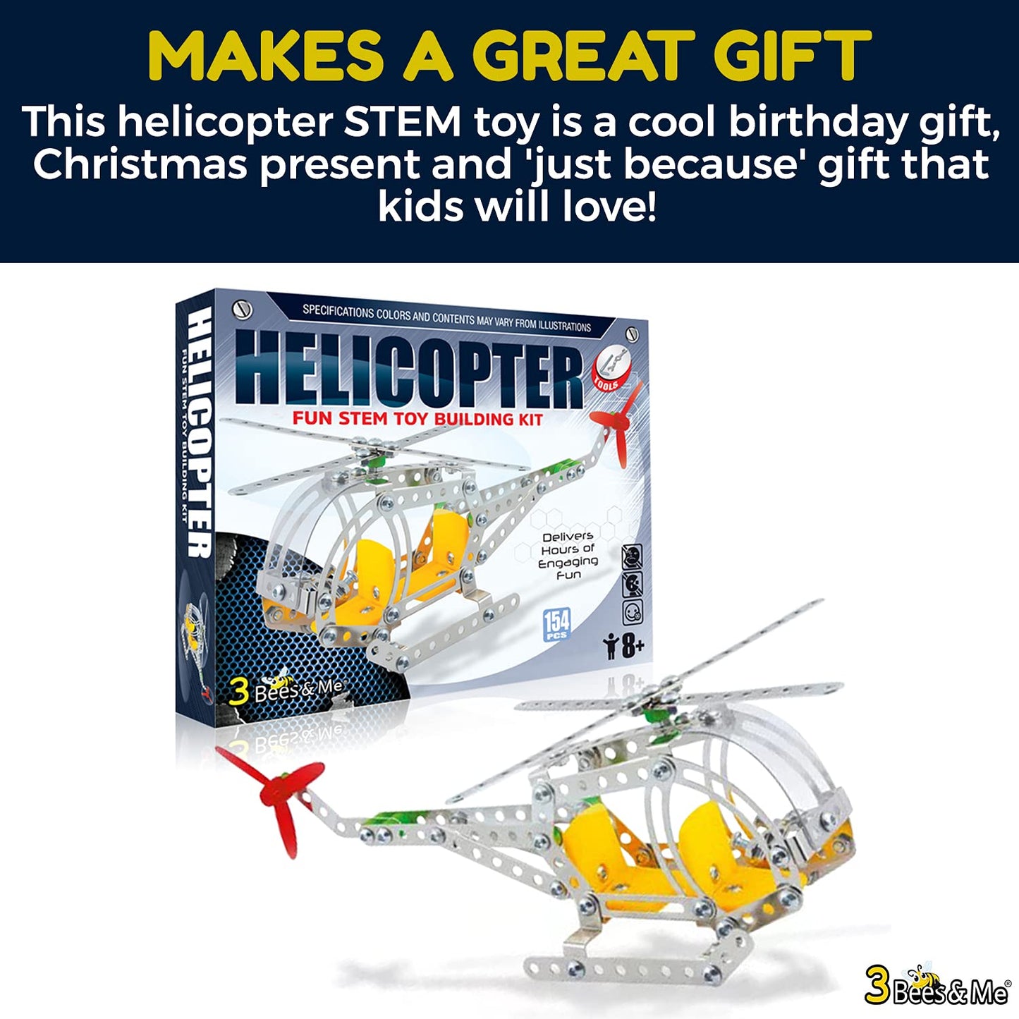 3 Bees & Me Metal Helicopter Erector Set – STEM Building Kit for Kids & Adults