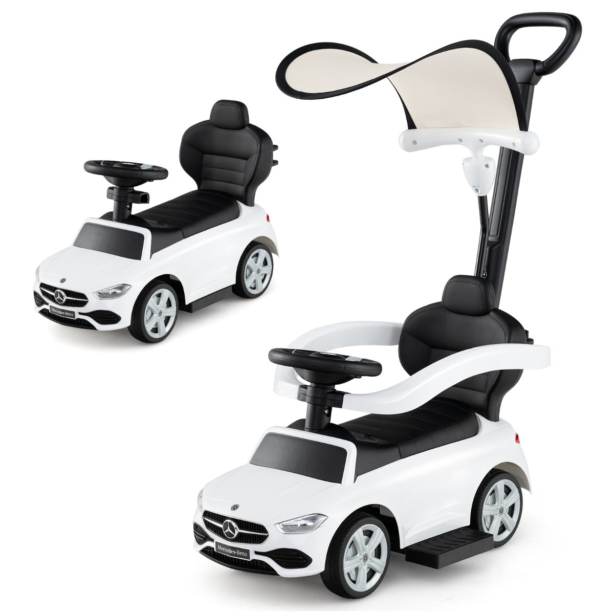 3-in-1 Ride on Push Car with Adjustable Canopy and Steering Push Bar-Black