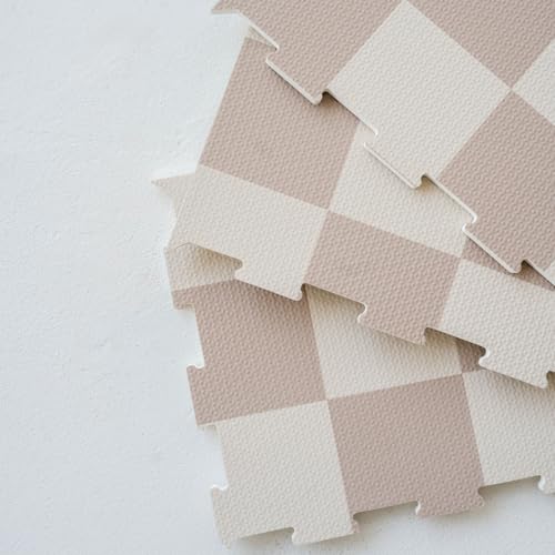 3 Sprouts Baby Foam Play Mat – Interlocking Tiles, Non-Toxic, Waterproof, Beige Checkerboard