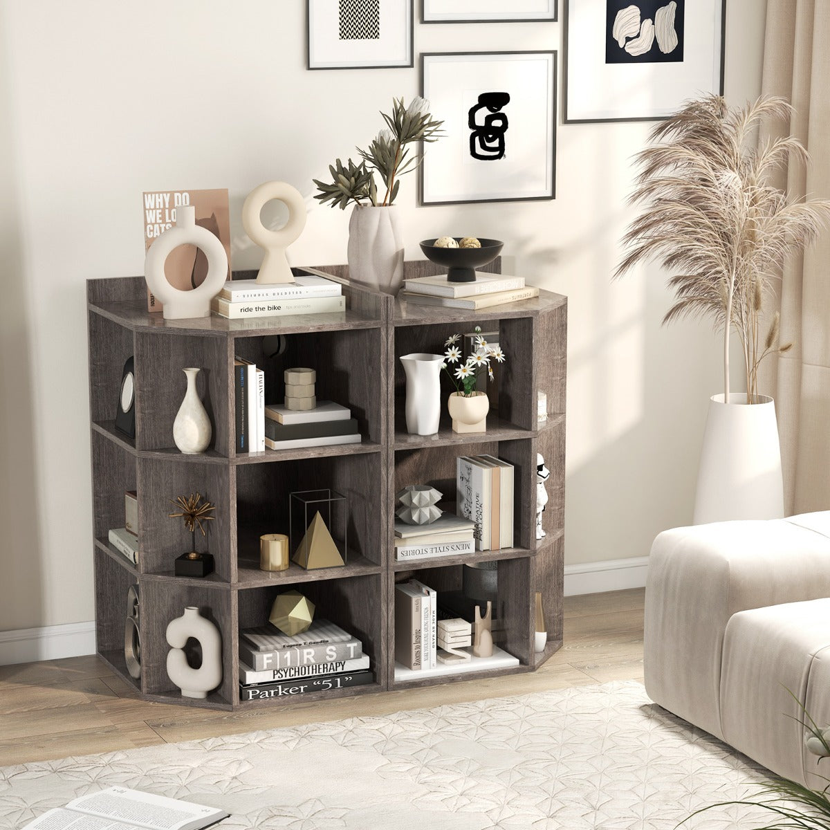 3-Tier Corner Cabinet with Charging Station and 9 Cubbies-Light Grey