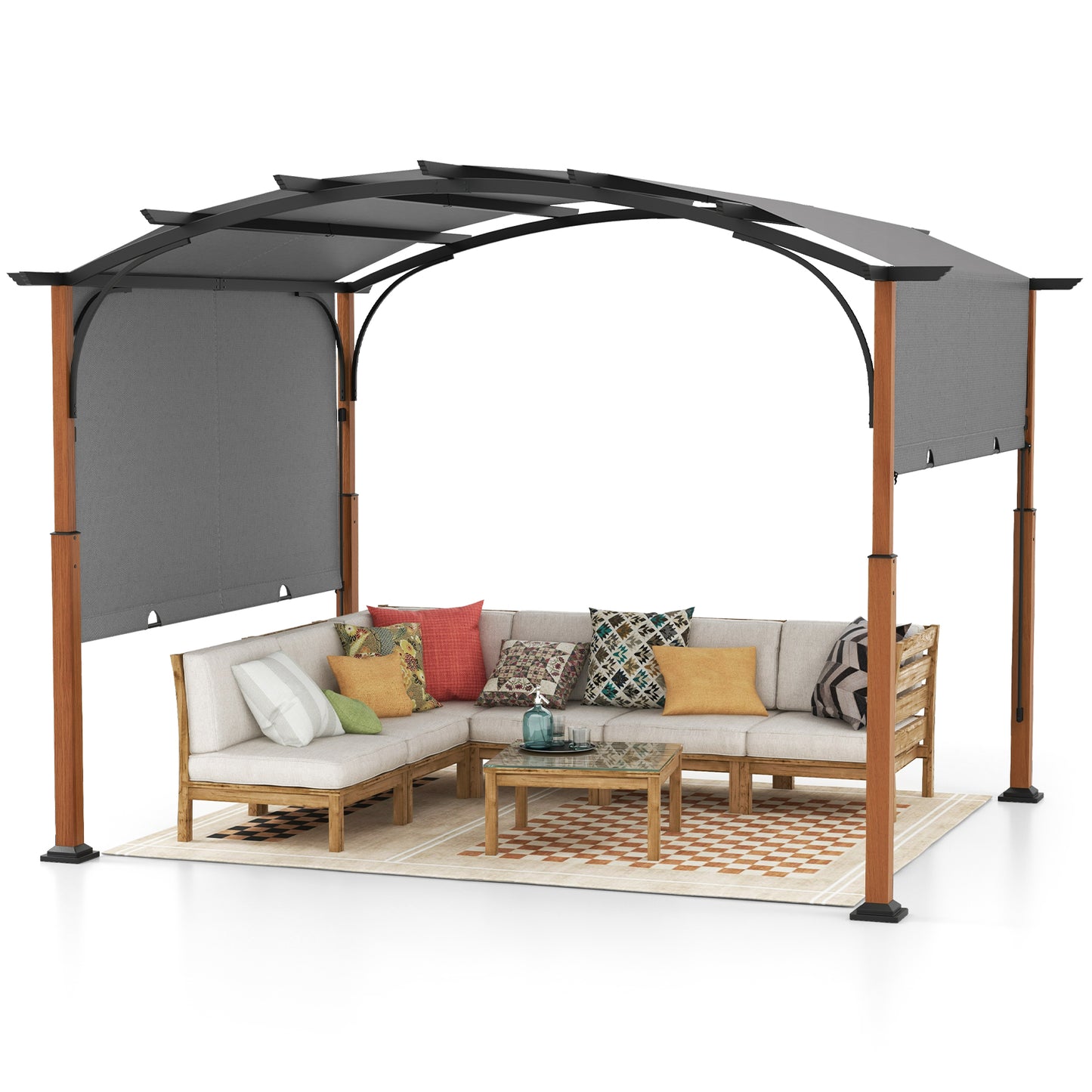 300 x 360 cm Retractable Pergola Arched Patio Pergola with Sun Shade Canopy-Beige