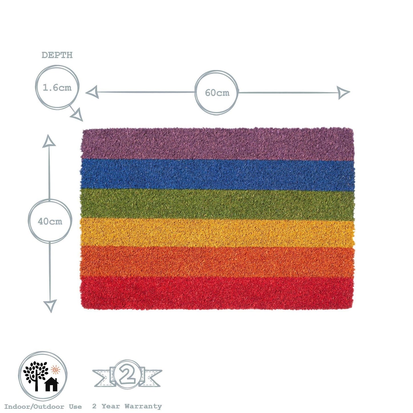 60cm x 40cm Multicoloured Rainbow Coir Door Mat