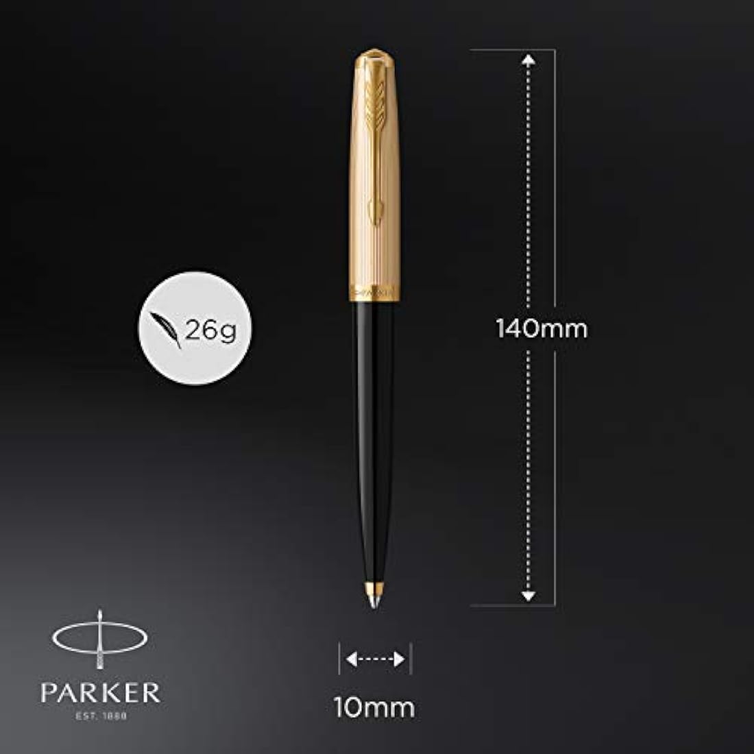 Parker 51 Ballpoint Pen | Deluxe Black Barrel with Gold Trim | Medium 18k Gold Point with Black Ink Refill | Gift Box