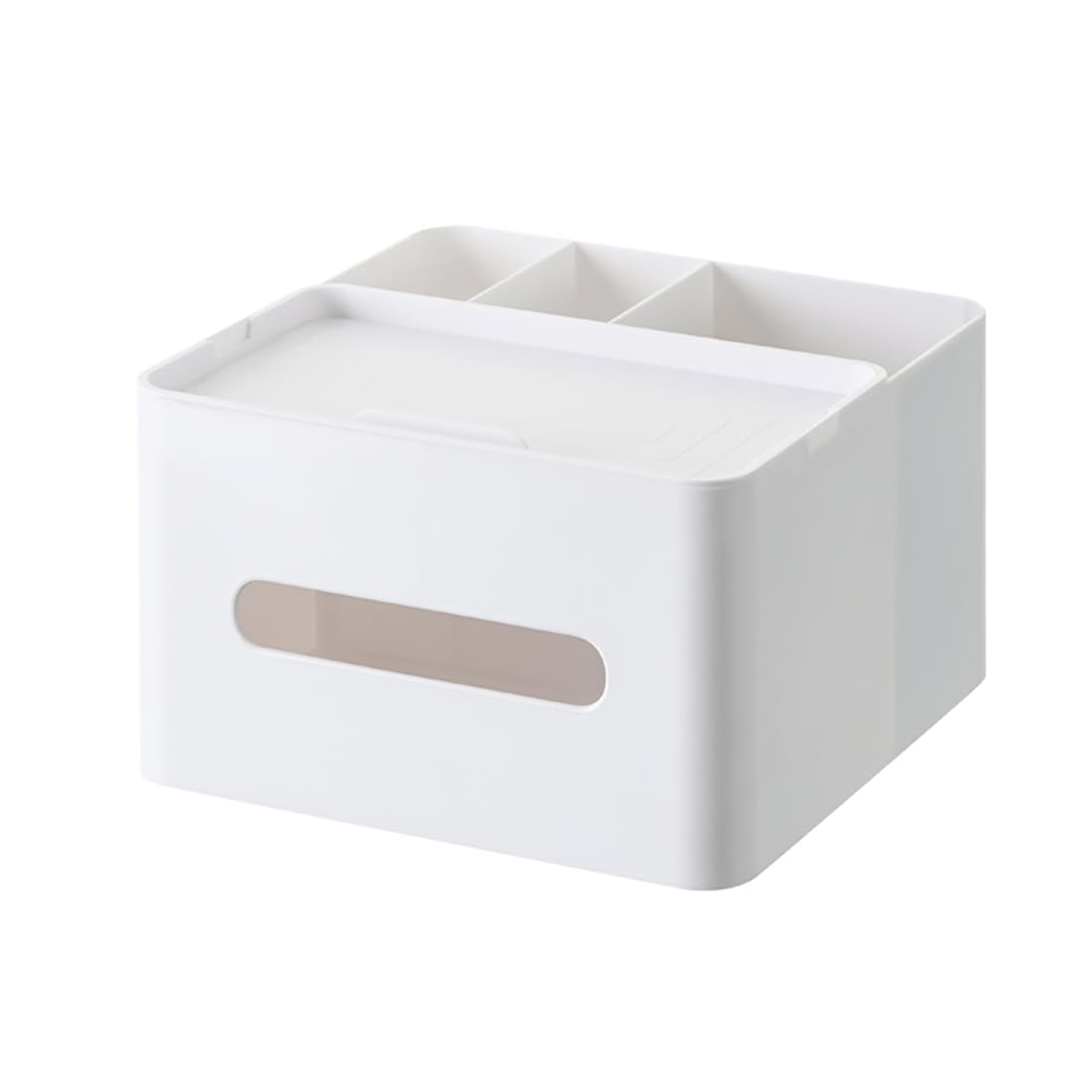 HornTide 5-in-1 Tissue Box 20cm Multifunction Countertop Organizer 3x Compartments 1x Tray Boutique Stationery Storage Caddy HIPS Plastic (White)