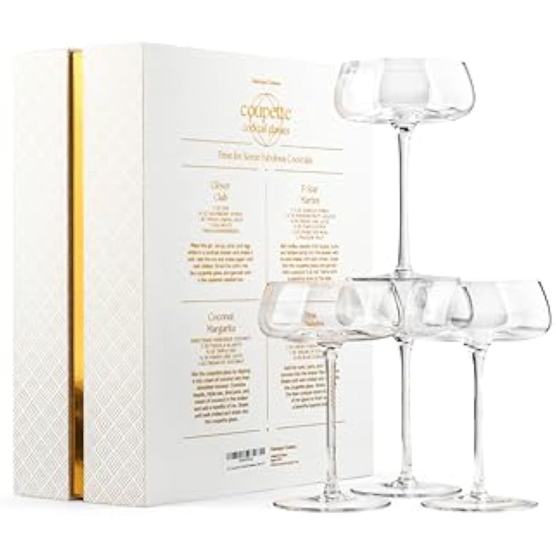 GLASSIQUE CADEAU Crystal Cocktail and Champagne Coupette Glasses | Set of 4 | 260 ml Elegant Long Stemmed Coupe Glassware for Gimlet, Espresso Martini, Daiquiri, Cosmopolitan | Fancy Round Saucers