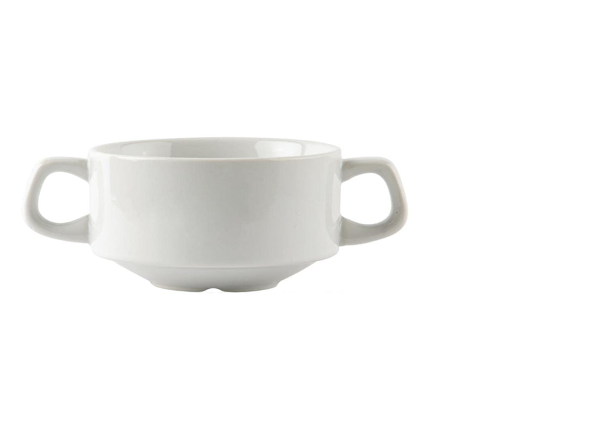 Olympia Athena Hotelware Stacking White Handled Soup Bowls 290ml / 10 1/4 ounce, Pack of 12, Diameter: 107mm / 4 1/4 inch, Chip Resistant Porcelain,