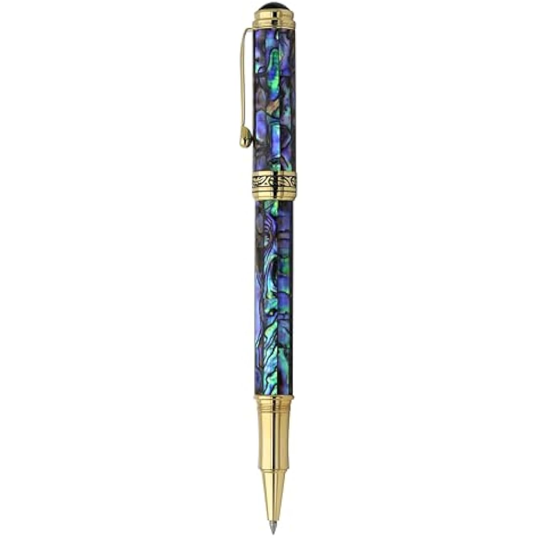 Xezo Maestro Fine Point Rollerball Pen, Iridescent Paua Sea Shell with 18 Karat Gold Plating. Handmade, Limited Edition, Serialized. No Two Alike