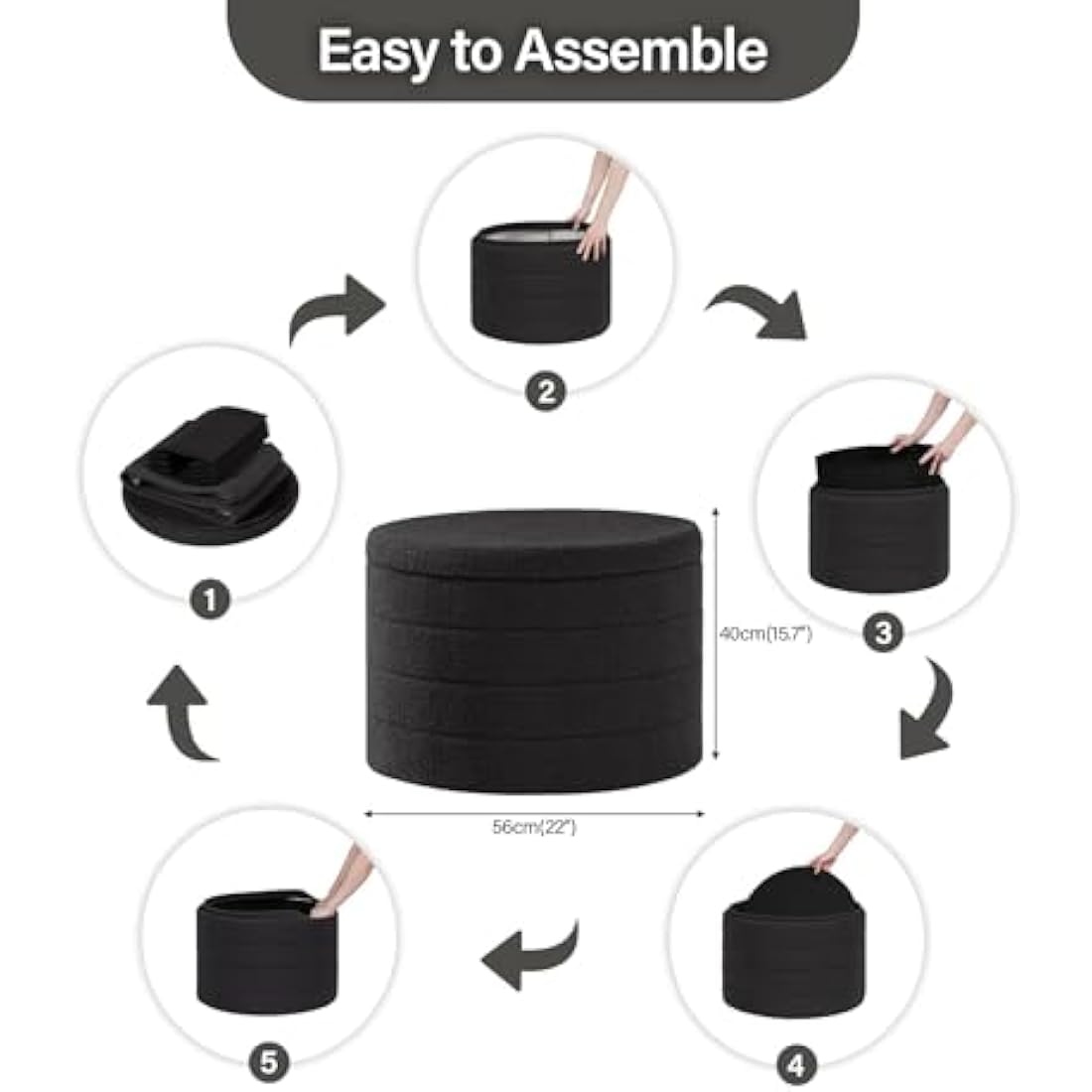 Bonlife Extra Large Folding Round Ottoman with Storage,Boucle Ottoman Stool, Footstool Seat Coffee Table,Toy Box Storage,Footrest Stool for Living Room,Bedroom,Grey,56x56x40cm