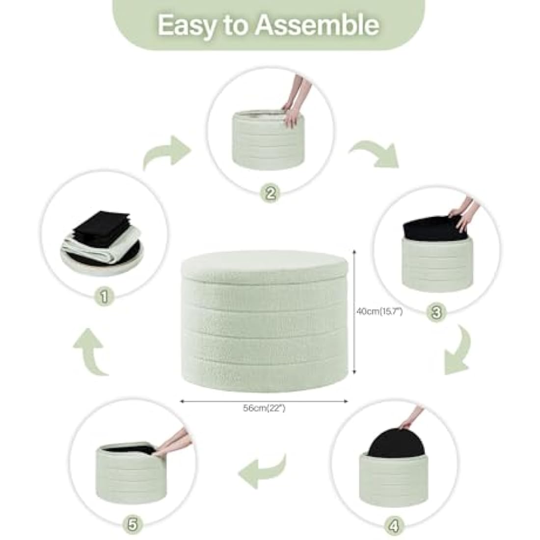 Bonlife Extra Large Folding Round Ottoman with Storage,Boucle Ottoman Stool, Footstool Seat Coffee Table,Toy Box Storage,Footrest Stool for Living Room,Bedroom,Green,56x56x40cm