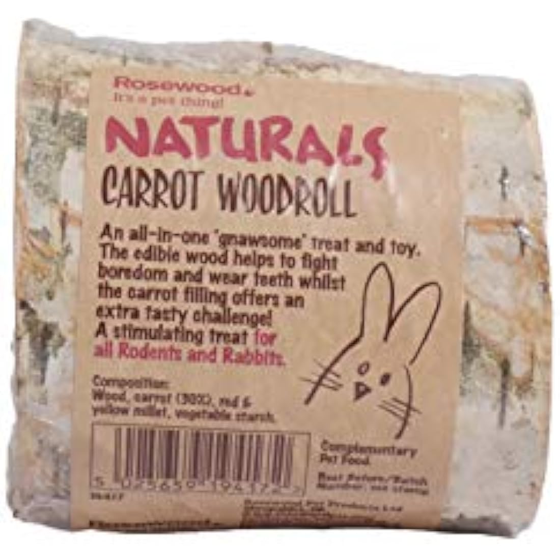 Rosewood Naturals Nibble Woodroll with Carrot, Small Animal Treat and Gnaw Toy for Rabbits, Guinea Pigs, Chinchillas, Degus, Hamsters, Gerbils, Mice and Rats (2 Pack)