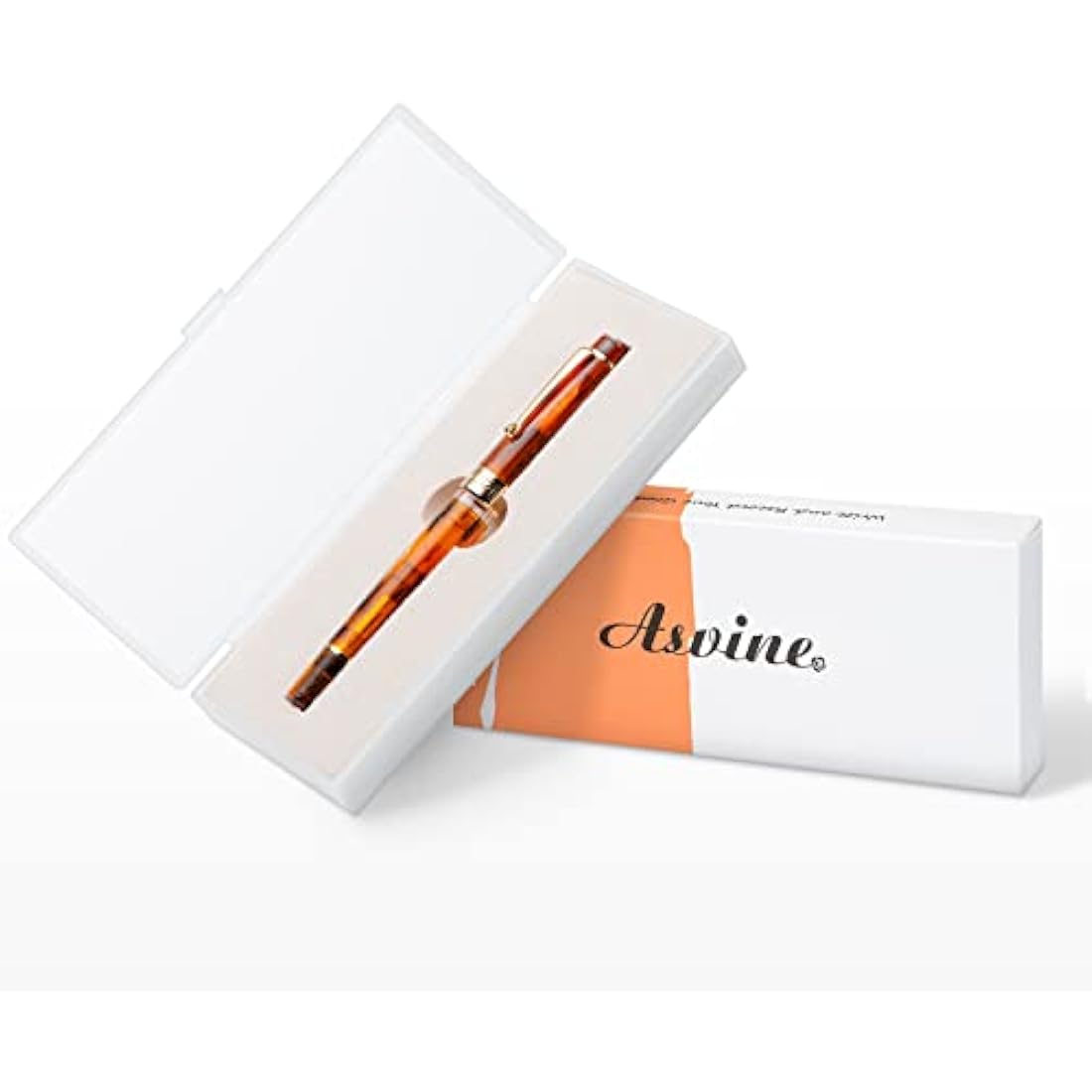 Asvine P20 Piston Fountain Pen Amber Resin, Iridium Medium Nib Gold Trim Smooth Writer Collection with Case Set