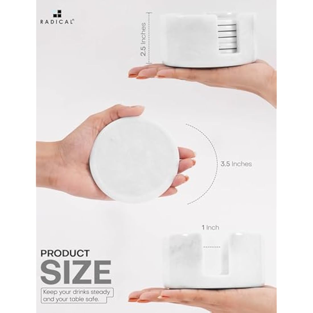Radicaln Marble Coasters for Drinks - 3.5 Inch Set of 6 White Round Coasters with Holder - Perfect for Coffee Table & Home Office