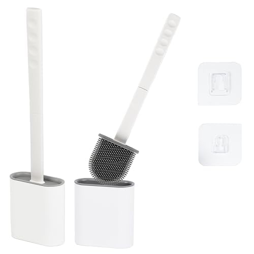 Silicone Toilet Brushes & Holders ? Pack of 2 Long Non-Slip Handle, Flexible Bristles for Easy Cleaning ? Modern Drip-Free Base, Durable White