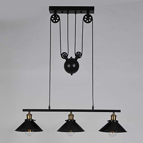 Industrial Vintage Pendant Light, Retro Pulley Suspended Rise and Fall Hangging Light E27 Antique Adjustable Black Metal Water Pipe Chandelier, Lamp for Kitchen Island Bar Hallway Dining Room