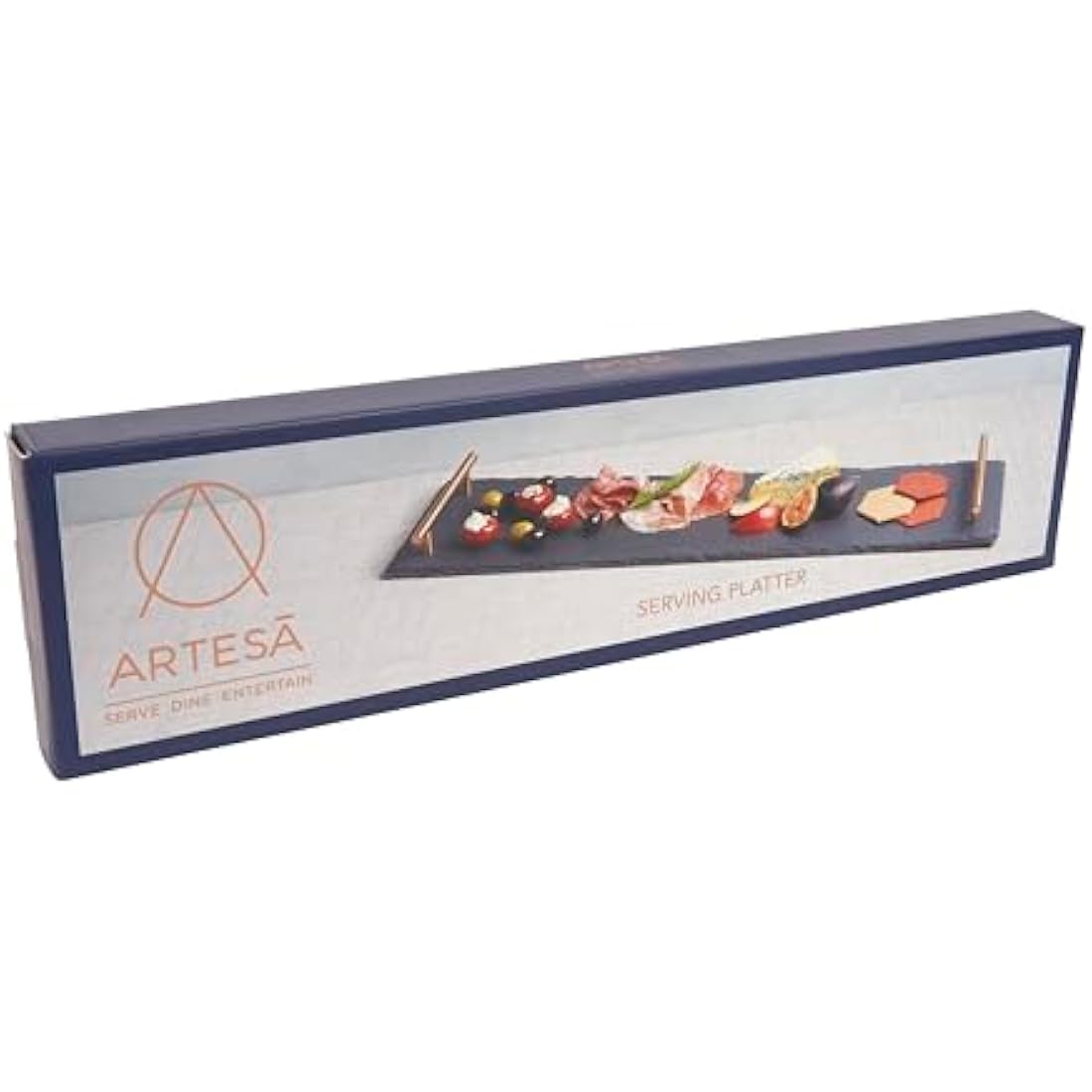 Artesà Slate Serving Platter Tray with Copper Finish Handles, perfect for Grazing and Buffets, 60 x 15 cm, Black