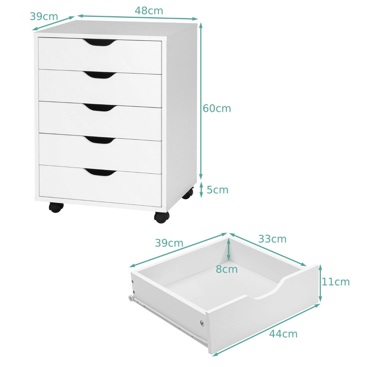 5 Drawer Chest with Wheels for Home and Office-Black