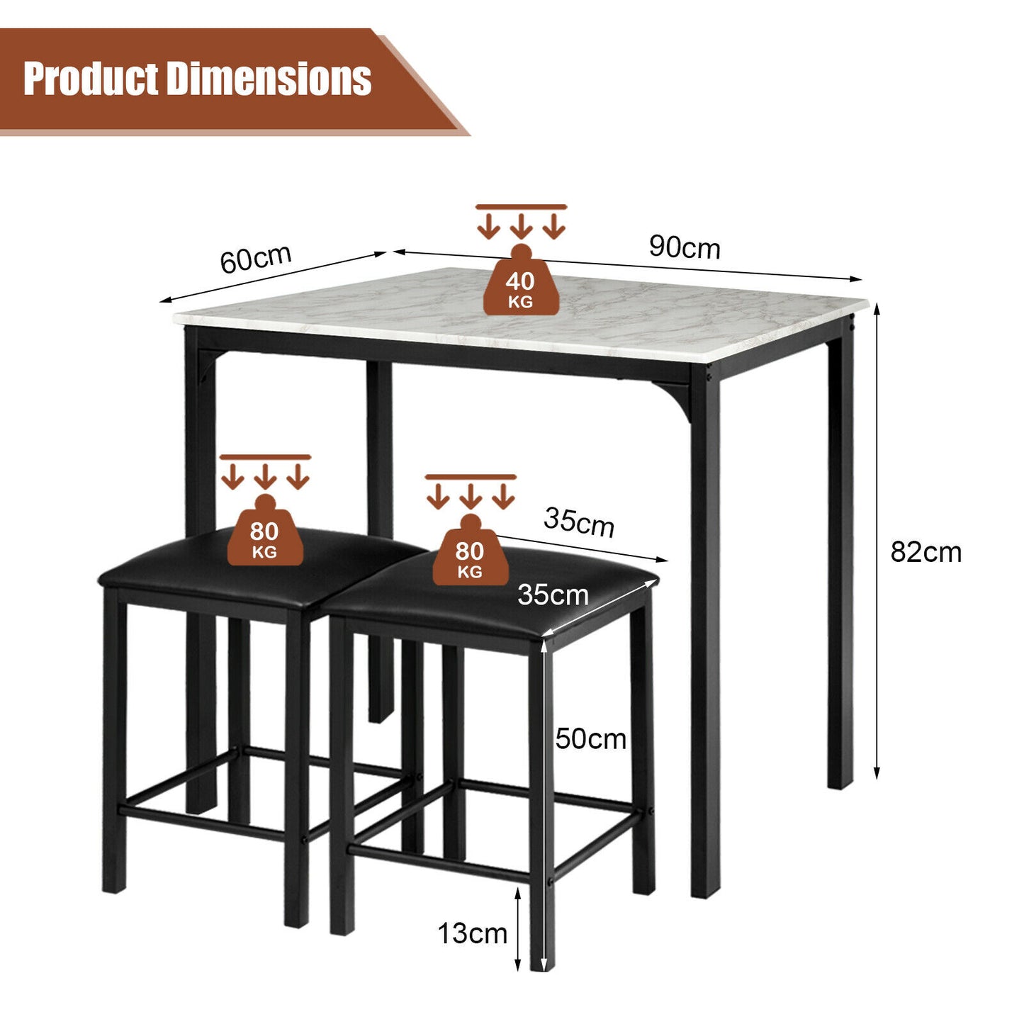 3 Piece Dining Table Set with 2 Faux Leather Backless Stools-Black