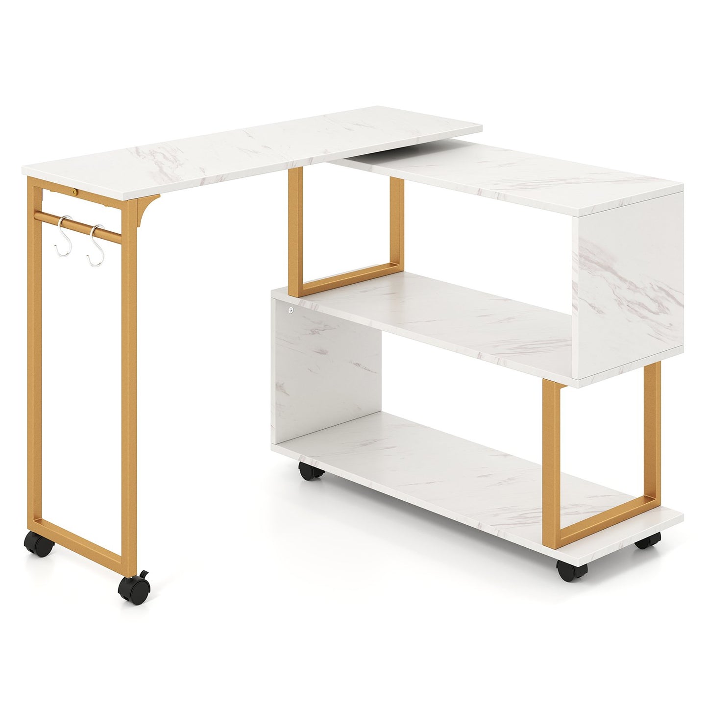 360° Sofa Side Table with Storage Bookcase and Hooks-White